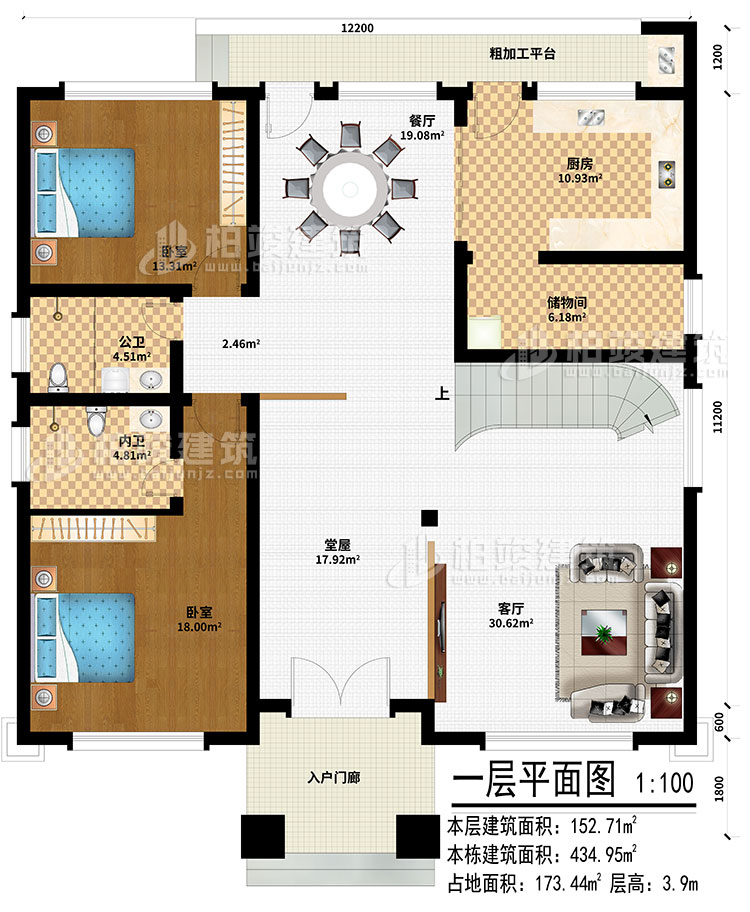 一层：入户门廊、堂屋、客厅、餐厅、厨房、储物间、2卧室、公卫、内卫、粗加工平台