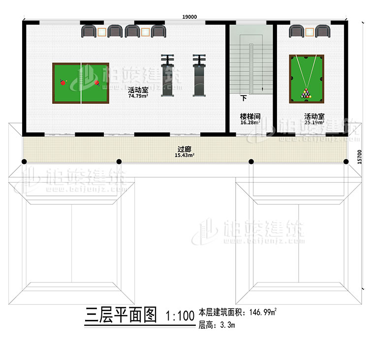 三层：2活动室、楼梯间、过廊